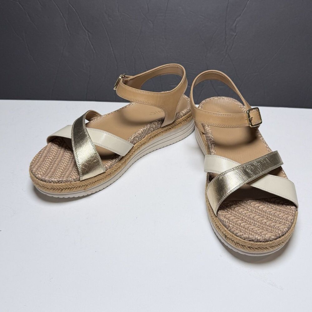 Vionic Mar Sandals Women 10 Wide Gold Cream Tan Espadrille Slingback NWOB
